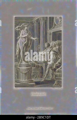 Pygmalion sieht, wie die Statue die Geschichte von Pygmalion (Serientitel) Pigmalion (Serientitel auf Objekt) lebendig wird, Pygmalion betritt den Raum und schiebt zurück, als er die Statue sieht, die ihn grüßt. Der Druck ist Teil einer Serie über die Geschichte von Pygmalion, Pygmalion verliebt sich in die Statue, die er schnitzt, und die Statue, die zum Leben erweckt wird: Beim Pygmalion's Prayer erweckt eine Statue (die letzte, die Galatea genannt wird) Leben, eine Bevorzugung der Venus (Ovid, Metamorphosen X 280), Emmanuel Jean Nepomucene de Ghendt (auf Objekt erwähnt), Paris, 1748 - 1815, Papier, Gravur, w 153 mm × h 230 mm, neu von Gibon, Entwurf o Stockfoto
