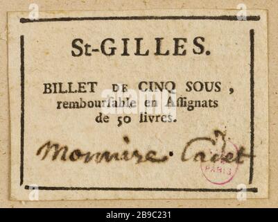 5 Hinweis in Saint-Gilles. Anonyme. Billet de 5 sous, Saint-Gilles. Typographie, encre. Paris, musée Carnavalet. Stockfoto