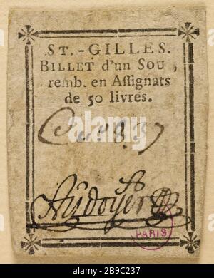 Billig 1 Cent, Saint-Gilles, C-837. Anonyme. Billet d'1 Sou, Saint-Gilles, C-Nr. 837. Typographie, encre. Paris, musée Carnavalet. Stockfoto
