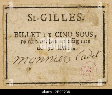 5 Hinweis in Saint-Gilles. Anonyme. Billet de 5 sous, Saint-Gilles. Typographie, encre. Paris, musée Carnavalet. Stockfoto