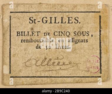 5 Hinweis in Saint-Gilles. Anonyme. Billet de 5 sous, Saint-Gilles. Typographie, encre. Paris, musée Carnavalet. Stockfoto