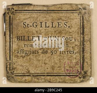 Billig 1 Cent, Saint-Gilles. Anonyme. Billet d'1 sou, Saint-Gilles. Typographie, encre. Paris, musée Carnavalet. Stockfoto