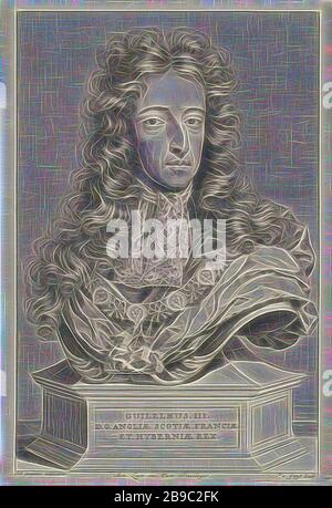 Porträt von Wilhelm III., Prinz von Orange-Nassau, König von England, Büste von Wilhelm III., König von England. Er trägt das Ordenspapier des Garter, des Ritterorden, Willem III (Prinz von Orange und König von England, Schottland und Irland), Pieter van Gunst (auf Objekt erwähnt), Amsterdam, 1689 - 1731, Papier, Gravur, w 229 mm × h 333 mm, von Gibon neu erdacht, Design mit warmem, fröhlichem Glanz von Helligkeit und Lichtstrahlen. Klassische Kunst mit moderner Note neu erfunden. Fotografie, inspiriert vom Futurismus, die dynamische Energie moderner Technologie, Bewegung, Geschwindigkeit und Kultur revolutionieren. Stockfoto