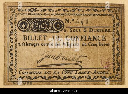 Ticket Confidence 2 unter 6 Denier Stadt in La Côte-Saint-André, Nr. 458. Anonyme. Billet de confiance de 2 sous 6 deniers, commune de La Côte-Saint-André, Nr. 458. Typographie, encre. Paris, musée Carnavalet. Stockfoto