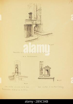 [Altes Paris] EINE Nische an der Ecke Rue de la Harpe und Rue de la Parcheminerie, 1903 eine Nische an der Ecke Rue Poissonnière und Rue de Clery, 1903 eine Nische 5 rue Paul Lelong, 1903 Henri Chapelle (1850-1925), dessinateur français. Le Vieux Paris. Eine Nische in der Rue de la Harpe et de la rue de la Parcheminerie; eine Nische in der Münze de la rue Poissonnière et de la rue de Cléry; eine Nische in der 5. Rue Paul Lelong. Pflaume, Encre de Chine. Paris (IIème et Vème arr.), 1903. Paris, musée Carnavalet. Stockfoto