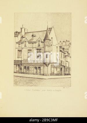 [Altes Paris] Hotel Barbette rue Vieille du Temple, 1908 Henri Chapelle (1850-1925), dessinateur français. Le Vieux Paris. L'Hôtel Barbette rue Vieille du Temple. Paris (IIIème arr.), 1908. Pflaume, Encre de Chine. Paris, musée Carnavalet. Stockfoto