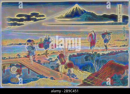Nakahara in der Provinz Sagami Soshu Nakahara (Titel auf Objekt) 36 Ansichten des Fuji (Serientitel) Fuji Sanjurokkei (Serientitel auf Objekt), Landschaft mit Brücke über den Fluss und Berg Fuji, der im Hintergrund von Nebelbänken aufsteigt. Im Vordergrund Reisende, eine Kauffrau, eine Frau mit Kind und im Fluss ein Fischer, Fuji, der Berg, Katsushika Hokusai (auf Objekt erwähnt), 1833-65, Papier, Farbholzschnitt, h 256 mm × w 382 mm, neu von Gibon vorgestellt, Design von warmem Glanz von Helligkeit und Lichtstrahlen. Klassische Kunst mit moderner Note neu erfunden. Fotografie inspiriert Stockfoto