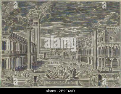 Blick auf die Piazzetta in Venedig, 1585 Vrbs Venetvm vt Nvlli (...) (Titel auf Objekt), mit Blick auf die Piazzetta (der Teil von der Piazza San Marco zwischen dem Palazzo Ducale und der Biblioteca Marcianate) in Venedig, im Jahr 1585. Verschiedene Figuren und zwei Spalten mit der Statue von St. Teodoro von Amasea und der Löwe von Mark auf dem Platz. Direkt vor das Wappen der Stadt Venedig auf ein Podest, von einem Fluss Gott und einem Fluss Göttin flankiert. In der Box auf dem Podest vier Linien in Lateinamerika, Fluss - Götter, Piazzetta San Marco, Pieter de Jode (I), Niederlande, 1590 - 1632, Papier, Ätzen, h309 mm × w 423 m Stockfoto