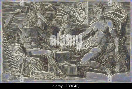 Venus und Vulcanus im Vulkanusforge, Venus und Vulkanus im Vulkanusforge. Vulcanus schmiegt einen Pfeil. Putti assistieren ihm., (Geschichte von) Vulkanier (Hephaestus), Vulkanier in seiner Schmiede, (Geschichte von) Venus (Aphrodite), Vulkanier und Venus, Cupiden: "amores", "amoretti", "Putti", Giorgio Ghisi (auf dem Objekt erwähnt), Italien, 1530 - 1582, Papier, Gravur, h 191 mm × w 307 mm, von Gibon neu vorgestellt, Design von warmem, fröhlichem Leuchten von Helligkeit und Lichtstrahlen. Klassische Kunst mit moderner Note neu erfunden. Fotografie inspiriert von Futurismus, die dynamische Energie moderner Technologie, Bewegung und Geschwindigkeit A umfasst Stockfoto