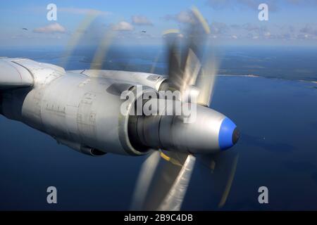 Flügelansicht eines russischen Flugzeugs TU-142MZ der Marine, das über den Golf von Finnland, Russland, fliegt. Stockfoto