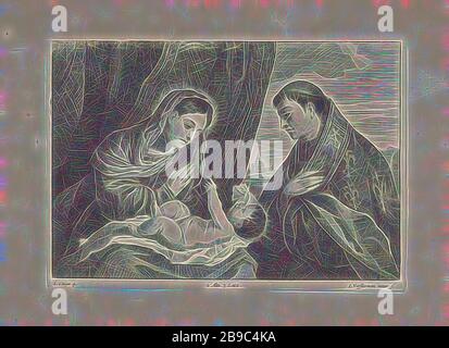 Anbetung Christi durch Maria und St. Louis von Toulouse, Maria und das Christuskind für eine Draperie. Der heilige Louis von Toulouse trägt sein Bischofsgewand. In den Hintergründen in einer Landschaft. Dieser Druck ist Teil eines Albums, Maria kniend (auf dem Boden), das vor ihr liegende Christuskind, Louis von Anjou, Sohn des Königs von Neapel, franziskanischer Friese und Bischof von Toulouse, mögliche Attribute: fleur-de-LIS über sein Cope, seine Krone und sein Zepter, Lucas Vorsterman (II) (auf Objekt erwähnt), 1660, Papier, Gravur, h 160 mm Ã- w 232 mm, von Gibon neu vorstellbar, Entwurf eines warmfröhlichen Brigh-Lühens Stockfoto