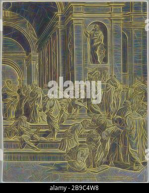 Die Schule von Athen (rechter Teil), das Fresko "die Schule von Athen" von Rafael in Stanza della Segnatura im Apostolischen Palast im Vatikan. Es zeigt eine Schule der Philosophie oder Agora, in der berühmte griechische Philosophen und Gelehrte wie Aristoteles, Platon und Sokrates in Gruppen sprechen. Es ist eine Darstellung der Philosophie und ihrer rationalen Suche nach der Wahrheit, Gelehrter, Philosoph, Giorgio Ghisi, 1530 - 1582, Papier, Gravur, h 515 mm × w 420 mm, von Gibon neu vorgestellt, Entwurf eines warmfröhlichen Lichts von Helligkeit und Lichtstrahlen. Klassische Kunst mit moderner Note neu erfunden. Foto Stockfoto