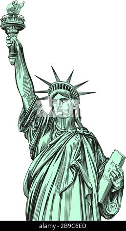 Statue der Freiheit, Symbol der Freiheit und Demokratie in den Vereinigten Staaten von Amerika, architektonische Wahrzeichen handgezeichnete Vektorgrafik-Skizze Stock Vektor