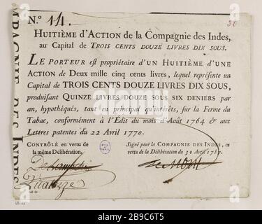 Achte Aktion, India Company, Nr. 14 Compagnie des indes. huitième d'action, Compagnie des indes, Nr. 14. Typographie, encre. Paris, musée Carnavalet. Stockfoto