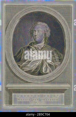 Porträt von Ludwig XV., König von Frankreich Lodewyk der XV König von Frankreich und Navarra (Titel auf Objekt), Büste von Ludwig XV., König von Frankreich in einem Oval. Das Porträt ruht auf einem Sockel, auf dem sein Name und seine Informationen in drei Zeilen auf Niederländisch geschrieben sind., Louis XV (König von Frankreich), Jacob Houbraken (auf Objekt erwähnt), Amsterdam, 1752, Papier, Radierung, h 269 mm × w 182 mm, von Gibon neu vorgestellt, Design mit warmem, fröhlichem Glanz von Helligkeit und Lichtstrahlen. Klassische Kunst mit moderner Note neu erfunden. Fotografie inspiriert von Futurismus, die dynamische Energie moderner Technologie, Bewegung, spee Stockfoto