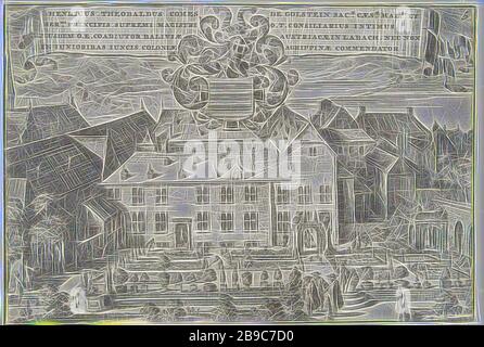 Blick auf Jungen Biesen Schloss Verherrlichung des Deutschen Orden, insbesondere der Alden Biesen Land Komturei (Titel der Serie), Blick auf Jungen Biesen Schloss in Köln. An der Spitze der Show ist eine Banderole mit lateinischen Text und eine Waffe. Dieser Ausdruck ist Teil einer umfangreichen Präsentation, aus 20 separaten Platten, die Geschichte und die Werke des Deutschen Ordens (Mitte) umgeben, die von den Vertretungen der Alden Biesen land Komturei (unten) und der zugehörige Befehl Bestellungen (links und rechts), militärische Aufträge, z.b.: Tempelritter, Ritter von Malta, Teutonic Knights, die Römisch-katholische Kirche Stockfoto