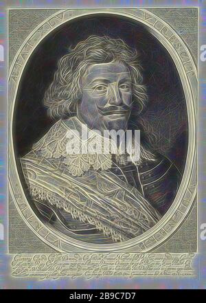 Porträt von Gaspard de Coligny, Herzog von Châtillon im Alter von 45 Jahren, Büste in Rüstung mit Spitzkragen in ovalem Rahmen mit Motto. Unter vier Zeilen lateinischer Umschrift, Oberbefehlshaber, General, Marschall, Gaspard de Coligny, Willem Jacobsz. Delff (auf Objekt erwähnt), Delft, 1630, Papier, Gravur, h 422 mm × w 297 mm, von Gibon neu vorgestellt, Design von warmem, fröhlichem Leuchten von Helligkeit und Lichtstrahlen. Klassische Kunst mit moderner Note neu erfunden. Fotografie, inspiriert vom Futurismus, die dynamische Energie moderner Technologie, Bewegung, Geschwindigkeit und Kultur revolutionieren. Stockfoto