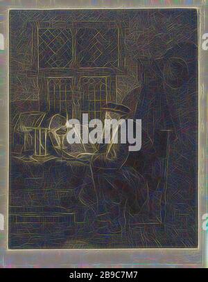 Philosoph in seiner Studie untersucht ein Mann in einem dunklen Raum bei dem Licht, das von einer Öllampe kommt, ein Buch, das auf dem Tisch vor ihm liegt. Hinter dem Buch befindet sich eine Lupe und eine offene Schachtel mit Papier und einer Sanduhr auf dem Tisch, Gelehrter in seiner Studie, Lupe, Sanduhr, Johannes Pieter de Frey, 1796, Papier, Radierung, h 220 mm × w 167 mm, neu von Gibon vorgestellt, Design mit warmem, fröhlichem Glanz von Helligkeit und Lichtstrahlen. Klassische Kunst mit moderner Note neu erfunden. Fotografie inspiriert von Futurismus, die dynamische Energie moderner Technologie, Bewegung, Geschwindigkeit und r umfasst Stockfoto