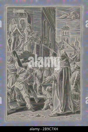 Christus, der den Menschen (Ecce Homo) die Passion (Serientitel) gezeigt hat, Christus wird den Menschen auf einem Podium von Pilatus gezeigt. Pilatus hat die Menschen gefragt, ob er Christus oder Barabbas freilassen werde. Das Volk ruft dazu auf, Barabbas freizumachen, was in der Mitte passiert, und Christus zu gekreuzigt zu werden. Pilatus wäscht seine Hände in Unschuld, Pilatus zeigt dem Volk Christus, "Ostentatio Christi", "Ecce Homo" (Johannes 19:4-6), Pilatus wascht seine Hände (in Unschuld), anonym, Niederlande, 1597 und/oder 1597 - 1667, Papier, Cheerlevur, h 200 mm × w 134 mm, umstellt von Gibon, Entwurf von warmem f Stockfoto