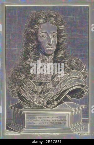 Porträt von Wilhelm III., Prinz von Orange-Nassau, König von England, Büste von Wilhelm III., König von England. Er trägt das Ordenskennzeichen des Strumpfes, des Ritterorden, William III (Prinz von Orange und König von England, Schottland und Irland), Pieter van Gunst (erwähnt am Objekt), Amsterdam, 1689 - 1731, Papier, Gravur, w 238 mm × h 336 mm, neu von Gibon vorgestellt, Design mit warmem, fröhlichem Glanz von Helligkeit und Lichtstrahlen. Klassische Kunst mit moderner Note neu erfunden. Fotografie, inspiriert vom Futurismus, die dynamische Energie moderner Technologie, Bewegung, Geschwindigkeit und Kultur revolutionieren. Stockfoto