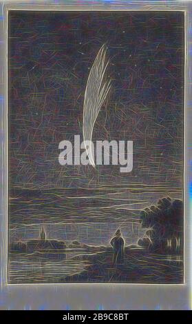 Der Komet von Donati, 1858, 10. Oktober 1858. Im Vordergrund ein Mann mit Hund an einem Fluss. Im Hintergrund links ein Kirchturm, Komet, Fluss (Landschaft mit Figuren, Staffage), Cornelis van der Grient (auf Objekt erwähnt), 1858 - 1860, Papier, Radierung, h 240 mm × w 147 mm, von Gibon neu vorstellbar, Entwurf eines warmfröhlichen Lichts von Helligkeit und Lichtstrahlen. Klassische Kunst mit moderner Note neu erfunden. Fotografie, inspiriert vom Futurismus, die dynamische Energie moderner Technologie, Bewegung, Geschwindigkeit und Kultur revolutionieren. Stockfoto