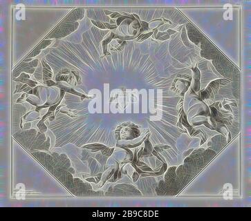 Vier Engel um das Monogramm Christi der Flachfund oder die Tableaux des Galerien / die Decken oder Galeriestücke (Serientitel), vier Engel fliegen um das von Lichtstrahlen umgebene Monogramm Christi. Einer von ihnen faltet seine Hände in Anbetung, IHS ('Iesus Hominum Salvator'), Symbol für Christus (Engel (s)), Carolus Borromeuskerk, Jan Punt (erwähnt auf Objekt), Amsterdam, 1751, Papier, Gravur, h 337 mm × w 410 mm, neu von Gibon, Entwurf eines warmfröhlichen Lichtrendlichts und Lichtstrahlen. Klassische Kunst mit moderner Note neu erfunden. Vom Futurismus inspirierte Fotografie embra Stockfoto