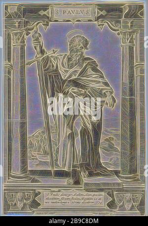 Der hl. Paulus von Tarsus S. Pavlvs (Titel auf Objekt) Christus und die zwölf Apostel und Saint Paul (Titel der Serie), der heilige Paulus von Tarsus steht, mit einem Fuß auf einem Stein, zwischen zwei Spalten in einer architektonischen Rahmen. Er hält ein Schwert in seiner Hand, und ein Buch unter dem Arm. Im Hintergrund können Sie sehen, wie er von einem Soldaten mit einem Schwert enthauptet. In das Feld unten ein 3-line Beschriftung in Latein, der Apostel Paulus von Tarsus, mögliche Attribute: Buch, Scrollen, Schwert, Säule, Säule Architektur, die Enthauptung von Paul, vielleicht drei Brunnen Sprung aus seinem Kopf, Hieronymus Wierix, Keulen, 1580-1613, Pa Stockfoto