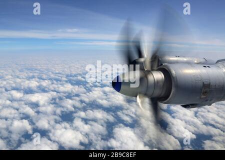 Flugzeug TU-142MZ der russischen Marine, das über die Region Sankt Petersburg, Russland, fliegt. Stockfoto