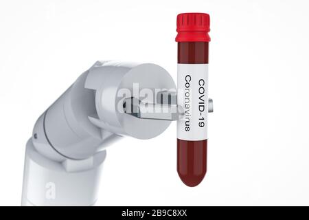 3D-Rendering der Roboterhand mit Bluttest für Kovid 19 Stockfoto