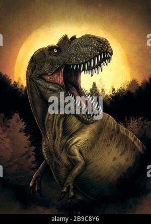 Der Dinosaurier Albertosaurus brüllt unter Mondschein. Stockfoto