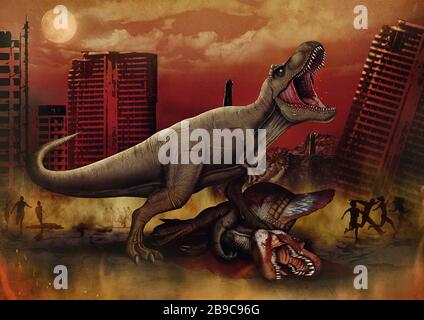 T-rex besiegt einen Dinosaurier Spinosaurus im Kampf. Stockfoto