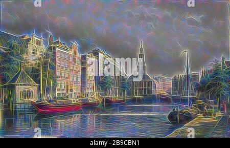 The Singel, Amsterdam, looking toward the Mint, View of the Singel in Amsterdam, in direction of the Munt and the Munttoren. Auf den Kais des Kanals befinden sich mehrere Lastkähne, auf der rechten Seite ein Mann mit einem Wagen., Eduard Alexander Hilverdink, 1880-6, Leinwand, Ölfarbe (Farbe), h 47 cm × w 76 cm, von Gibon neu vorstellbar, Entwurf eines warmfröhlichen Lichts von Helligkeit und Lichtstrahlen. Klassische Kunst mit moderner Note neu erfunden. Fotografie, inspiriert vom Futurismus, die dynamische Energie moderner Technologie, Bewegung, Geschwindigkeit und Kultur revolutionieren. Stockfoto