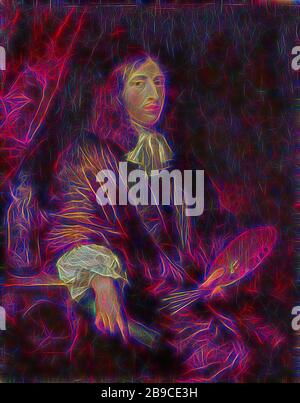 Selbstporträt, Selbstporträt des Malers Caspar Netscher. Knie, Sitzen, Rolle Papier in der rechten Hand, Palette und Bürsten in der linken. Links ein Sockel mit einem Reliefbild aus zwei Putten mit einem Schild mit einer Kahn, auf dem Sockel befindet sich eine Statue., Caspar Netscher, 1660 - 1684, Tafel, Ölfarbe (Farbe), h 28 cm × w 22 cm d 4,5 cm, von Gibon neu erdacht, Design mit warmem, fröhlichem Glanz von Helligkeit und Lichtstrahlen. Klassische Kunst mit moderner Note neu erfunden. Fotografie, inspiriert vom Futurismus, die dynamische Energie moderner Technologie, Bewegung, Geschwindigkeit und Kultur revolutionieren. Stockfoto