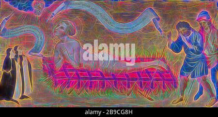 Martyrium des heiligen Laurentius mit zwei Nonnen der Benediktion, das Martyrium des heiligen Laurentius. Zwei Scharfrichter beobachten rechts, zwei benedikter links, die Stifter. Der Kopf Gottes erscheint unter den Wolken, in der Luft auch zwei Bänder mit lateinischen Aufschriften, St. Laurence wird auf einem Gridiron (Spender(s), Supplicant(s), oder nicht mit Schutzpatron(s)), Jacobello del Fiore, Venedig, c. Geröstet 1425, Panel, h 38 cm × w 70,5 cm, von Gibon neu vorgestellt, Design von warmfröhlichem Leuchten von Helligkeit und Lichtstrahlen. Klassische Kunst mit moderner Note neu erfunden. Fotografie inspiriert von Futurismus, em Stockfoto