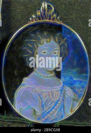 Porträt von Maria Stuart (1662-95), der zukünftigen Frau von William III., Kind, der späteren Frau von Willem III., als Kind. Halbe Länge, rechts, um die Brust und um den Hals eine Perlenkette, im Hintergrund eine Landschaft. Teil der Sammlung von Porträtminiaturen, Maria II Stuart (Königin von England, Schottland und Irland), Richard Gibson (zugeschrieben), 1665 - 1675, Pappe, Gold (Metall), Glas, h 5,2 cm × w 4,9 cm h 7,3 cm × w 5 cm × d 0,5 cm, neu von Gibon vorgestellt, Design mit warmem, fröhlichem Glanz von Helligkeit und Lichtstrahlen. Klassische Kunst mit moderner Note neu erfunden. Ph Stockfoto