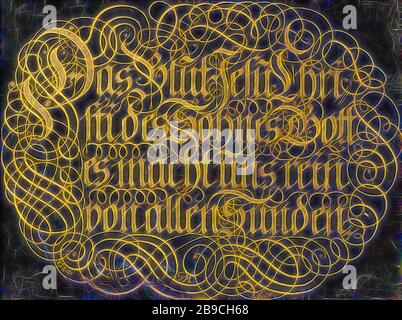 Behind-Glass-Gemälde mit kalligraphiertem Spruch: Das Blut Jesu Christi, des Sohnes Gottes reinigt uns von allen Sünden, Bann genannt mit dem Text: Das blut Jesu Christi des Sohnes Gottes Macht unsicher von allen sündener Kalligraphien, Johann G. M, 1678, drager, Lijst, h 27,3 cm × w 35 cm h 45,5 cm × w 37,5 cm × d 2,5 cm, von Gibon neu vorgestellt, Design von warmem, fröhlichem Leuchten von Helligkeit und Lichtstrahlen. Klassische Kunst mit moderner Note neu erfunden. Fotografie, inspiriert vom Futurismus, die dynamische Energie moderner Technologie, Bewegung, Geschwindigkeit und Kultur revolutionieren. Stockfoto