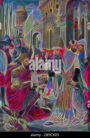 Sitzung des Abraham und Melchisedek (inneren, linken Flügel oder ein Triptychon), der linken Seitenverkleidung des ein Altarbild mit der Konferenz von Abraham und Marjan Kwint auf der Innenseite. Der Treffpunkt am Tor der Stadt nimmt, Mechisedek bringt Wein und Brot für Abraham. Abraham kniet auf der linken Seite in der Rüstung, hinter ihm eine Armee von Soldaten. Auf der Außenseite der weiblichen Personifikation Synagoge: Stehende Frau mit verbundenen Augen das Gesetz Tabellen in der rechten Hand und eine gebrochene Banner in der linken Hand. Die aus der ehemaligen St. Agnes Kloster (Gasthuis) in geht., anonym, Antwerpen, C. 1510 - C. 1520, Panel, Öl Stockfoto