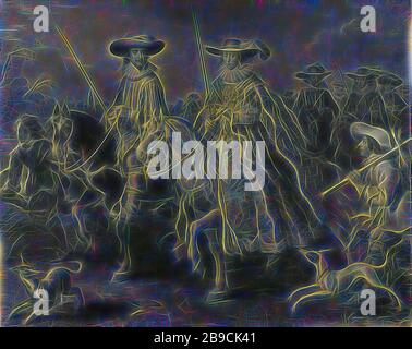 Friedrich V. (1596-1632), Kurfürst von der Pfalz, König von Böhmen, und seine Frau Elizabeth Stuart (1596-1662) auf Horseback, Porträts des Winterkönigs Friedrich V. (1596-1632) und seiner Frau Elisabeth Stuart zu Pferd. König und Königin gehen mit ihrem Gefolge auf die Jagd, einige Jagdhunde im Vordergrund., Adriaen Pietersz. Van de Venne, 1626 - 1628, Leinwand, Ölfarbe (Farbe), Stütze: h 154,5 cm × w 191 cm d 6,5 cm, von Gibon neu gestaltet, Design von warmfröhlichem Leuchten von Helligkeit und Lichtstrahlen. Klassische Kunst mit moderner Note neu erfunden. Fotografie inspiriert von Futurismus, Embr Stockfoto