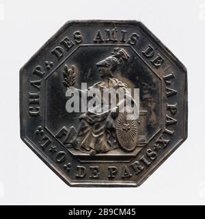 Masonic Token Lodge of Friends of Peace Jeton maçonnique, Loge des Amis de la Paix. Etain. 1789. Photographie anonyme. Paris, musée Carnavalet. Stockfoto