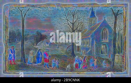 Dorfbewohner auf dem Weg zur Kirche, Simon Bening (Flämisch, ca. 1483 - 1561), Brüggen, Belgien, ca. 1550, Temperafarben und Goldfarbe auf Pergament, Blatt: 5,6 x 9,6 cm (2 3,16 x 3 3,4 Zoll, von Gibon neu vorstellbar, Gestaltung von warmem, fröhlichem Leuchten von Helligkeit und Lichtstrahlen. Klassische Kunst mit moderner Note neu erfunden. Fotografie, inspiriert vom Futurismus, die dynamische Energie moderner Technologie, Bewegung, Geschwindigkeit und Kultur revolutionieren. Stockfoto