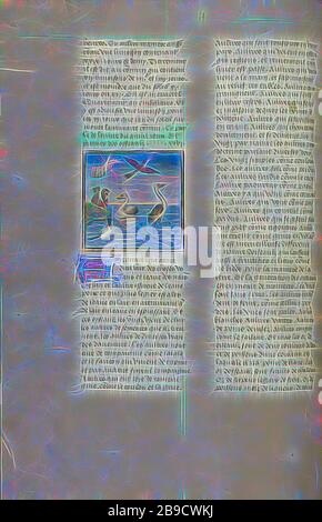 Die Entstehung von Vögeln, Gent, Belgien, ca. 1475, Temperafarben, Blattgold und Goldfarbe auf Pergament, Blatt: 43,8 x 30,5 cm (17 1,4 x 12 Zoll, von Gibon neu erdacht, Design von warmem, fröhlichem Leuchten von Helligkeit und Lichtstrahlen. Klassische Kunst mit moderner Note neu erfunden. Fotografie, inspiriert vom Futurismus, die dynamische Energie moderner Technologie, Bewegung, Geschwindigkeit und Kultur revolutionieren. Stockfoto