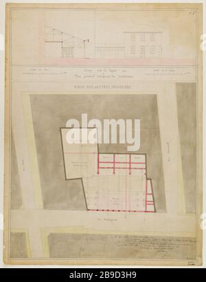 Halle aux Provisional Oysters - Cup on the Line ab und/General Map Indication Foundations Victor Baltard (1805-1874). Halle aux huitres provisoire. Coupe sur la ligne ab et Plan général indiquant les Fondations. Dessin (encre de Chine et Crayon). XIXe. Paris, musée Carnavalet. Stockfoto