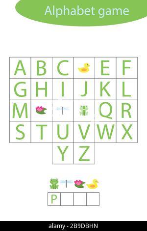 Teich Life Alphabet Spiel für Kinder, machen Sie ein Wort, Vorschul-Arbeitsblatt-Aktivität für Kinder, pädagogische Rechtschreib-Gerangel-Spiel für die Entwicklung von Stock Vektor