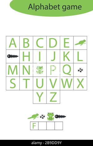 Frosch-Alphabet-Spiel für Kinder, machen Sie ein Wort, Vorschul-Arbeitsblatt-Aktivität für Kinder, pädagogische Rechtschreib-Gerangel-Spiel für die Entwicklung von Stock Vektor