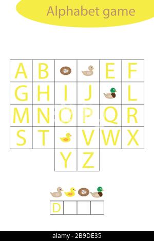 Duck Alphabet Spiel für Kinder, machen Sie ein Wort, Vorschul-Arbeitsblatt-Aktivität für Kinder, pädagogische Rechtschreib-Gerangel-Spiel für die Entwicklung von Stock Vektor