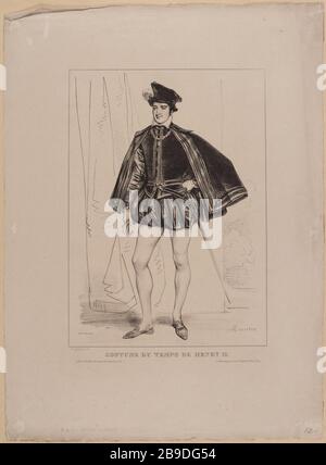 Suite-Verkleidung: Anzug getragen die Zeit von Henry II (Robelin, Architekt) Achille Devéria (1800-1857), Graveur français, et Antoine Adolphe Catherine Fonrouge (1828-1855), Imprimeur-lithographe français. Suite de déguisements: Kostüm porté du temps d'Henri II (Charles Rofelin, architecte). Lithographie sur Papier, 1830. Paris, musée Carnavalet. Stockfoto