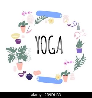 Illustration Kranz Yoga mit Kerzen, Yogamatte, Aromamasche, Orchidee, lotus, Rosary, buddha, Teekanne und Becher im Cartoon-Stil Stock Vektor