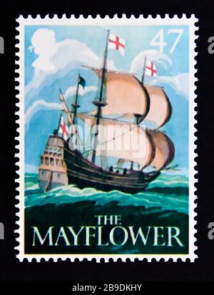 Briefmarke. Großbritannien. Königin Elizabeth II Europa. Britische Pub-Schilder. "The Mayflower" (Ralph Ellis). 47p 2003. Stockfoto