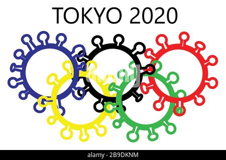 Tokio, Japan - 23. März 2020: Tokio 2020 Olympische Ringe, mit dem roten Ring als Coronavirus-Molekül dargestellt Stockfoto