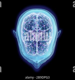 Kopf und Gehirn des Menschen mit Netzwerkknoten, Draufsicht auf schwarzem Hintergrund. Stockfoto